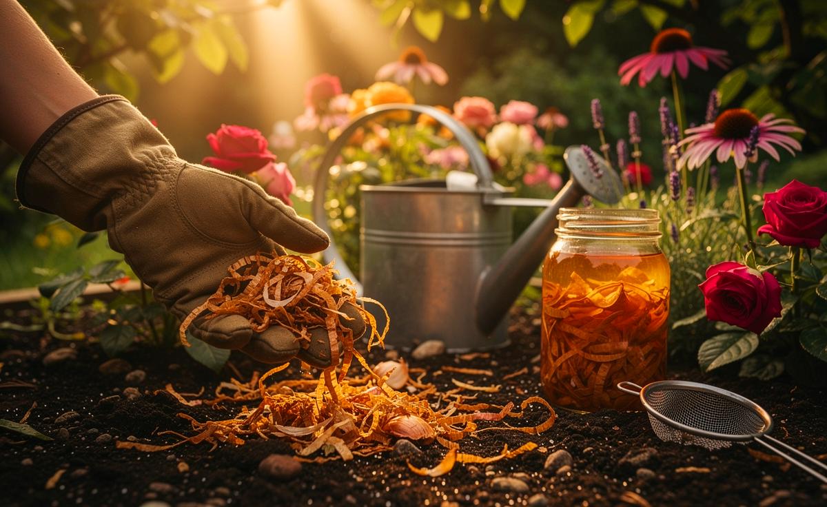 Illustration von Zwiebelschalen als Mulch und Auszug im Blumenbeet zur natürlichen Stärkung und milden Schädlingsabwehr